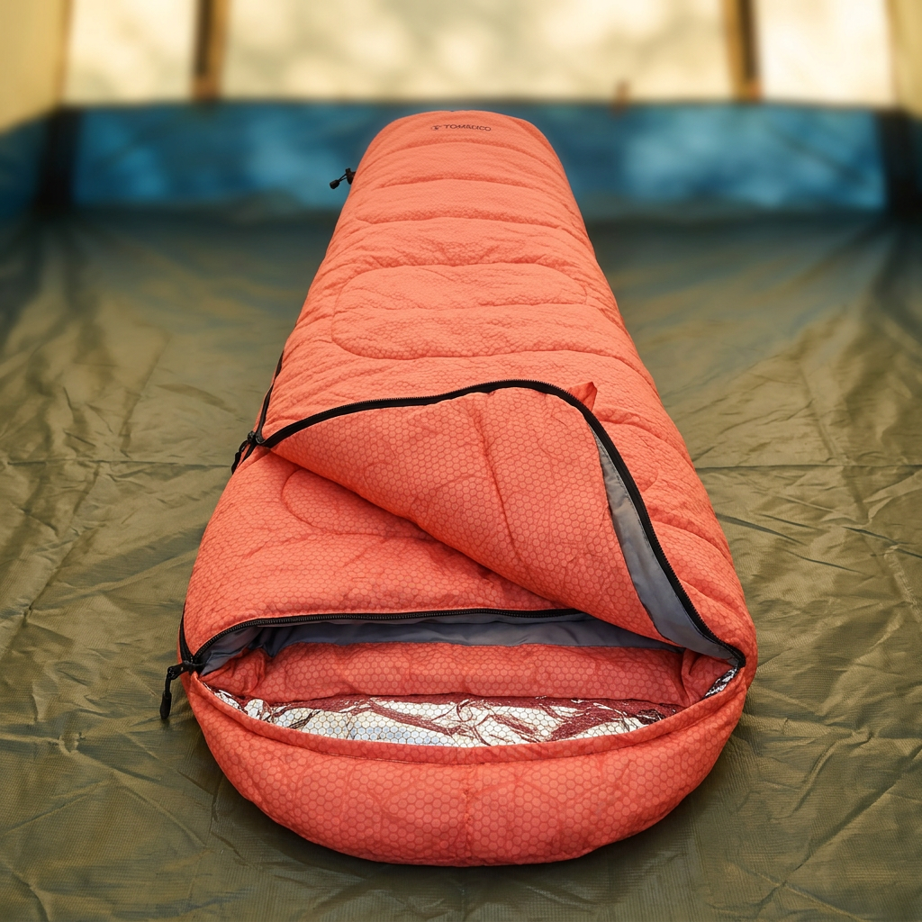 Sleeping bag partly unrolled on a tent floor