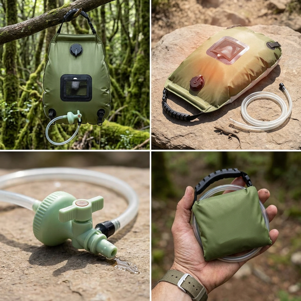 Solar shower bag shown in four use scenes