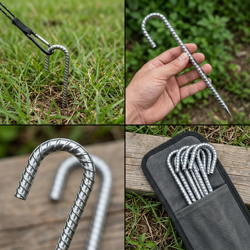 Ground anchor stakes shown in four use scenes