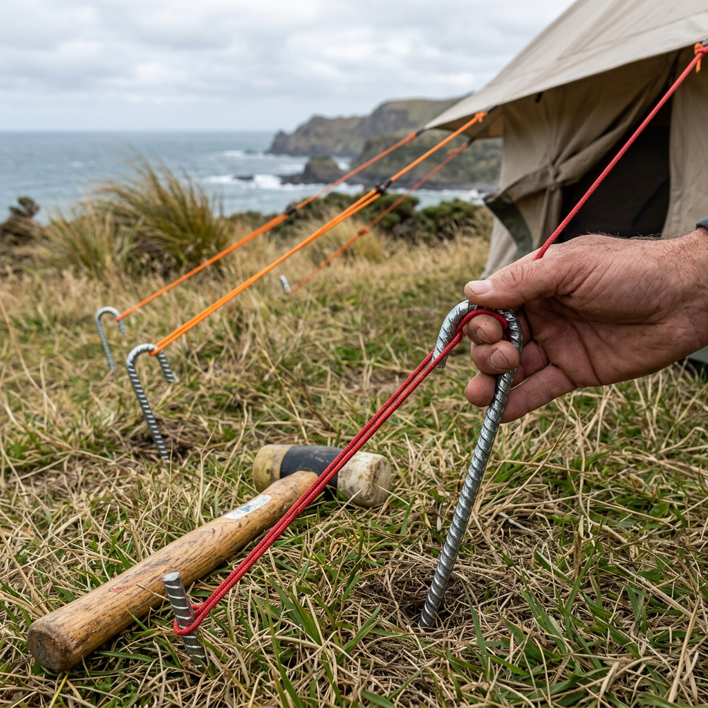Stakes securing tent guy lines at a coastal campsite