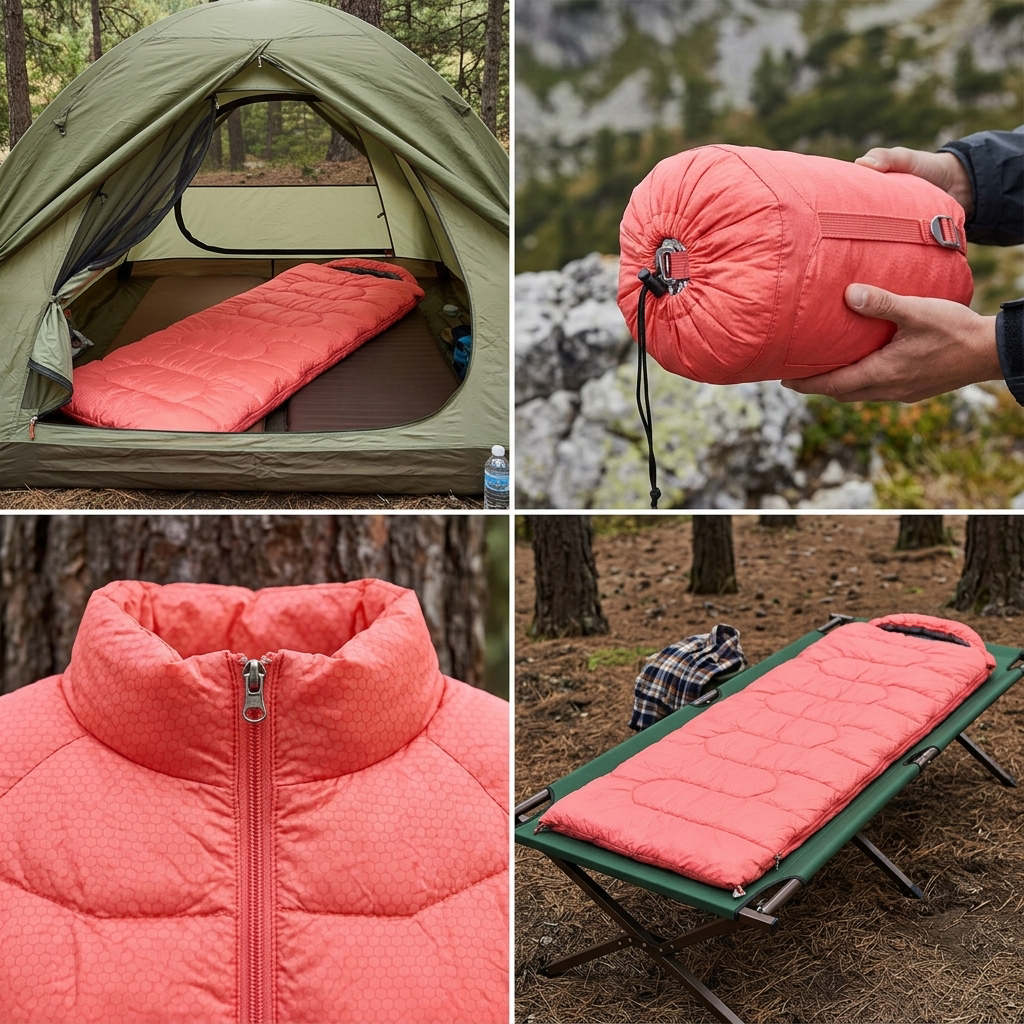 Sleeping bag shown in four camping scenes