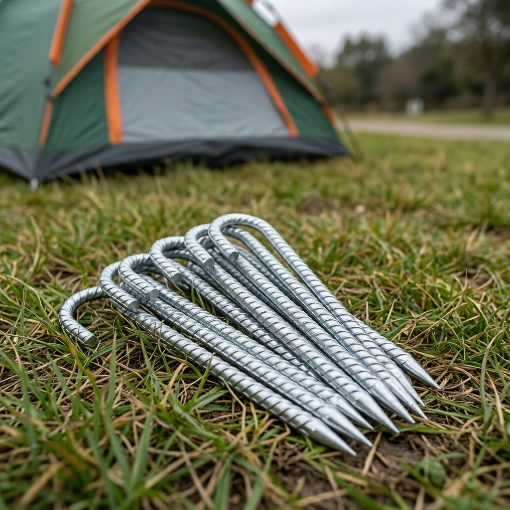 Ground anchor stakes lying on grass beside a tent