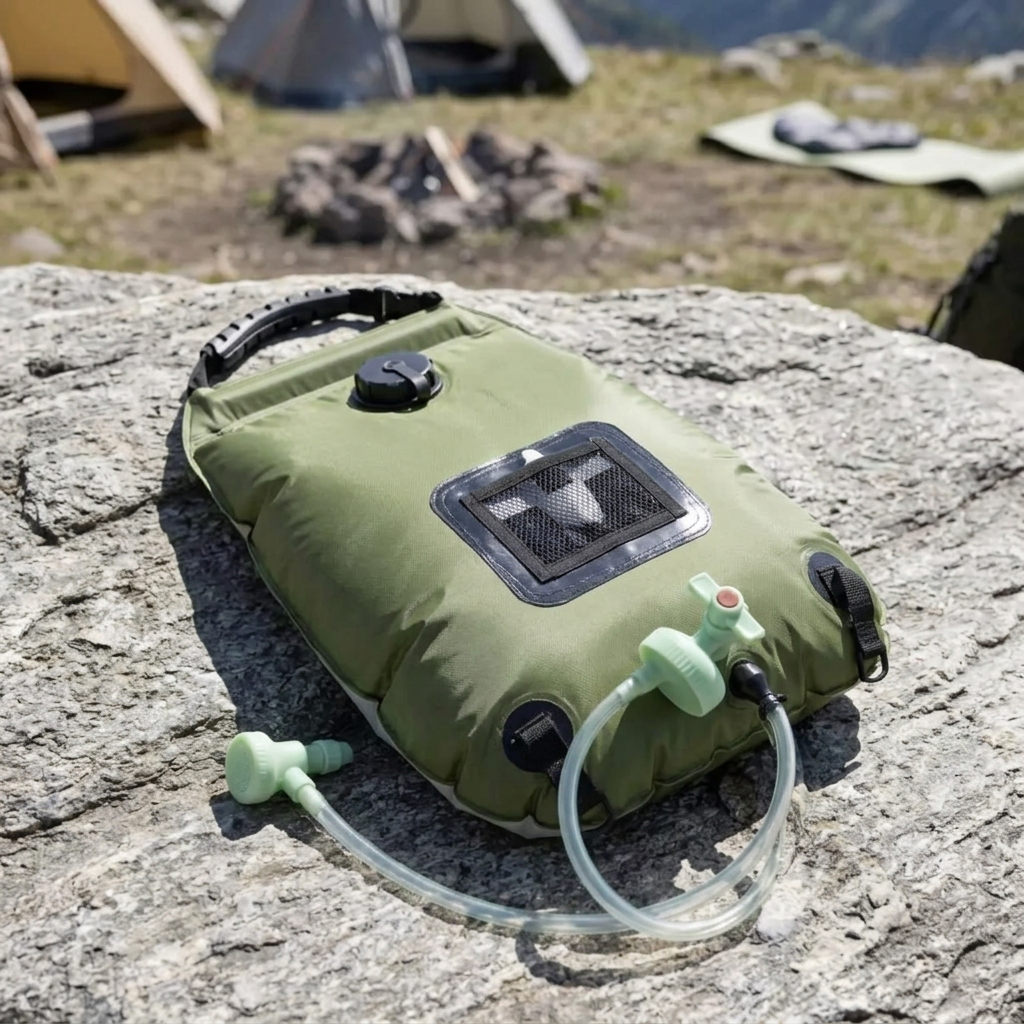 Solar camping shower bag filled on a flat rock