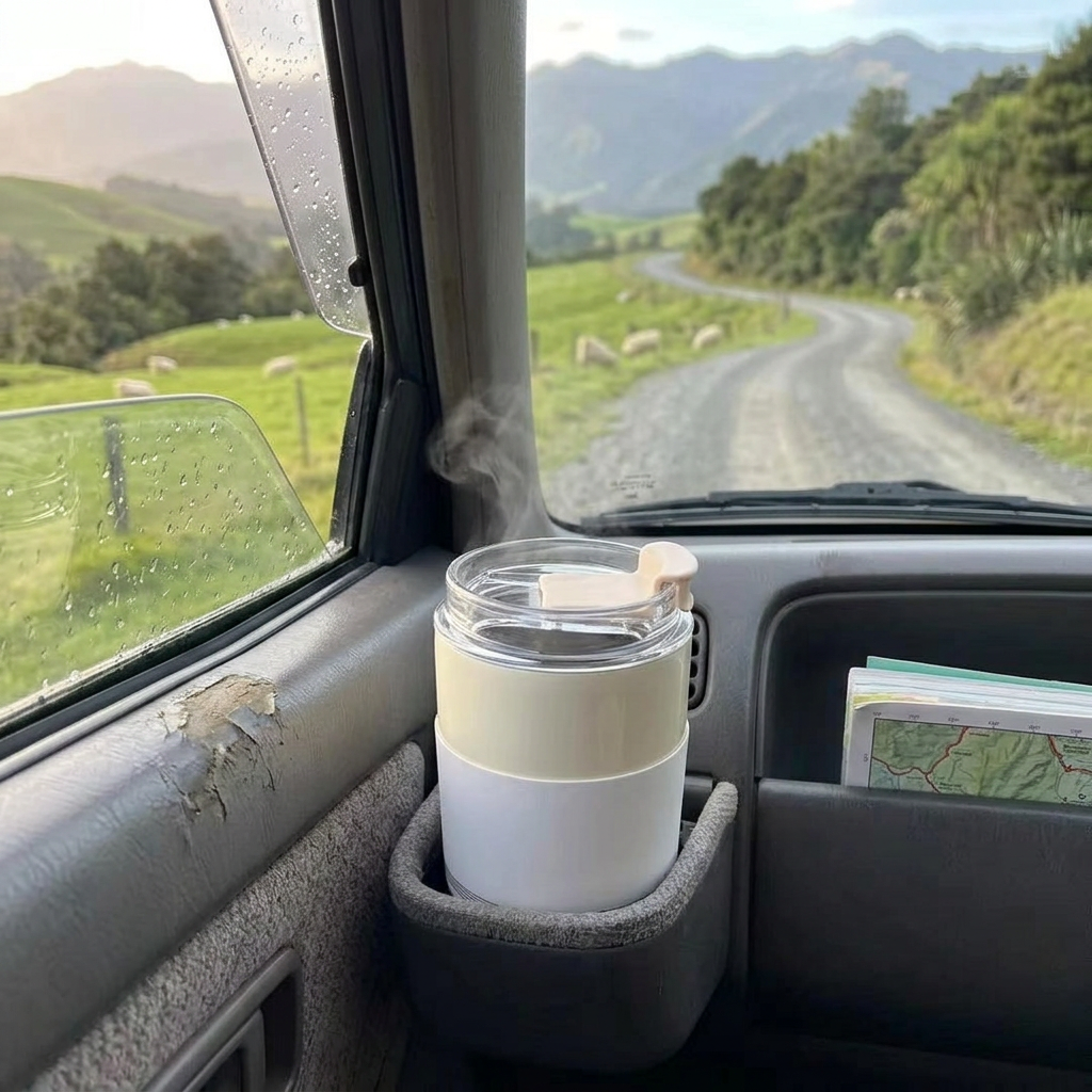 Travel cup in a car door pocket on a rural road