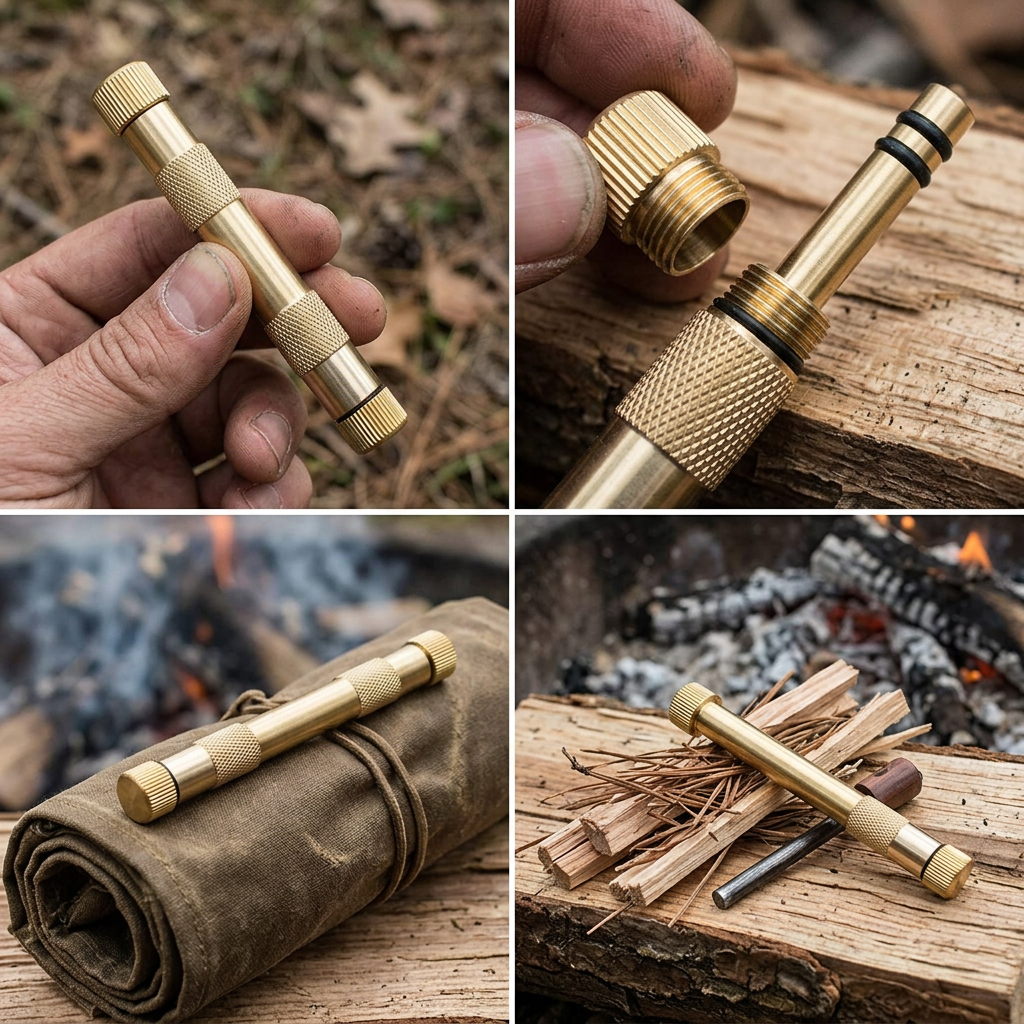 Brass fire piston shown in four scenes