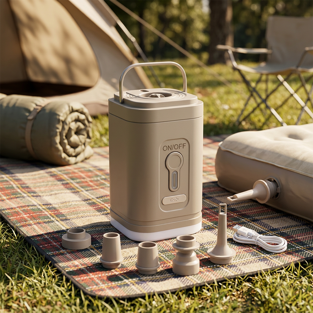 Compact electric air pump on a picnic rug