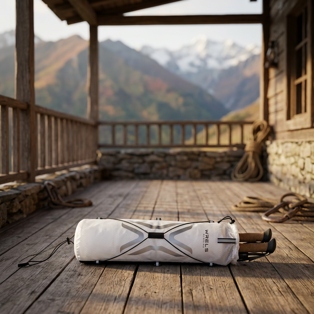 Trekking pole carry bag on a hut porch