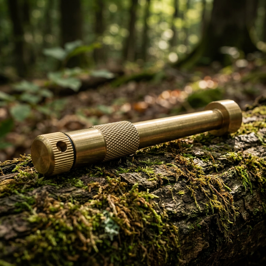 Brass fire piston resting on a mossy log