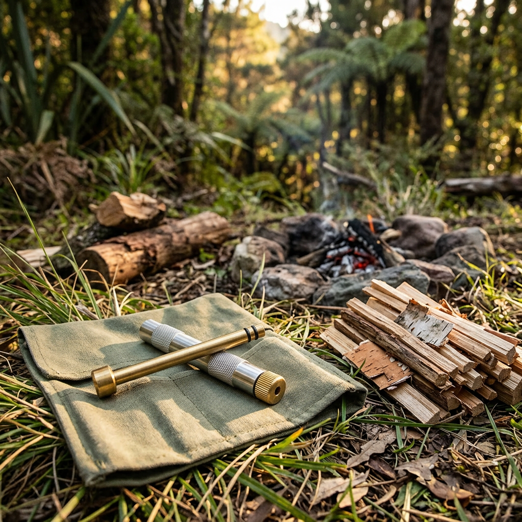 Brass fire piston beside kindling at a bush campsite
