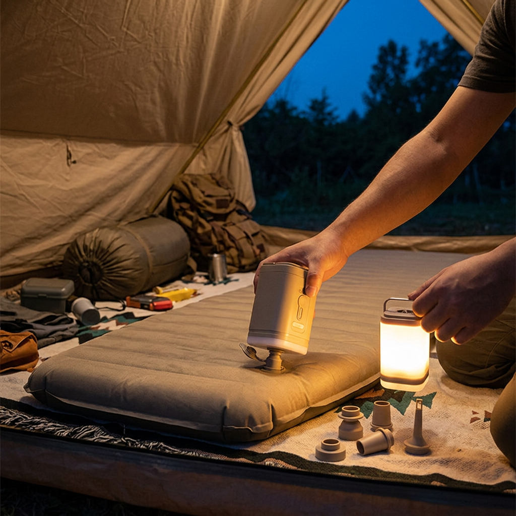 Air pump inflating a camping mattress in a tent at dusk