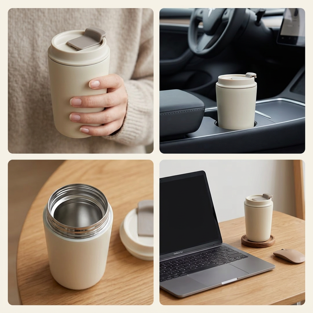 Insulated travel cup shown in four use scenes