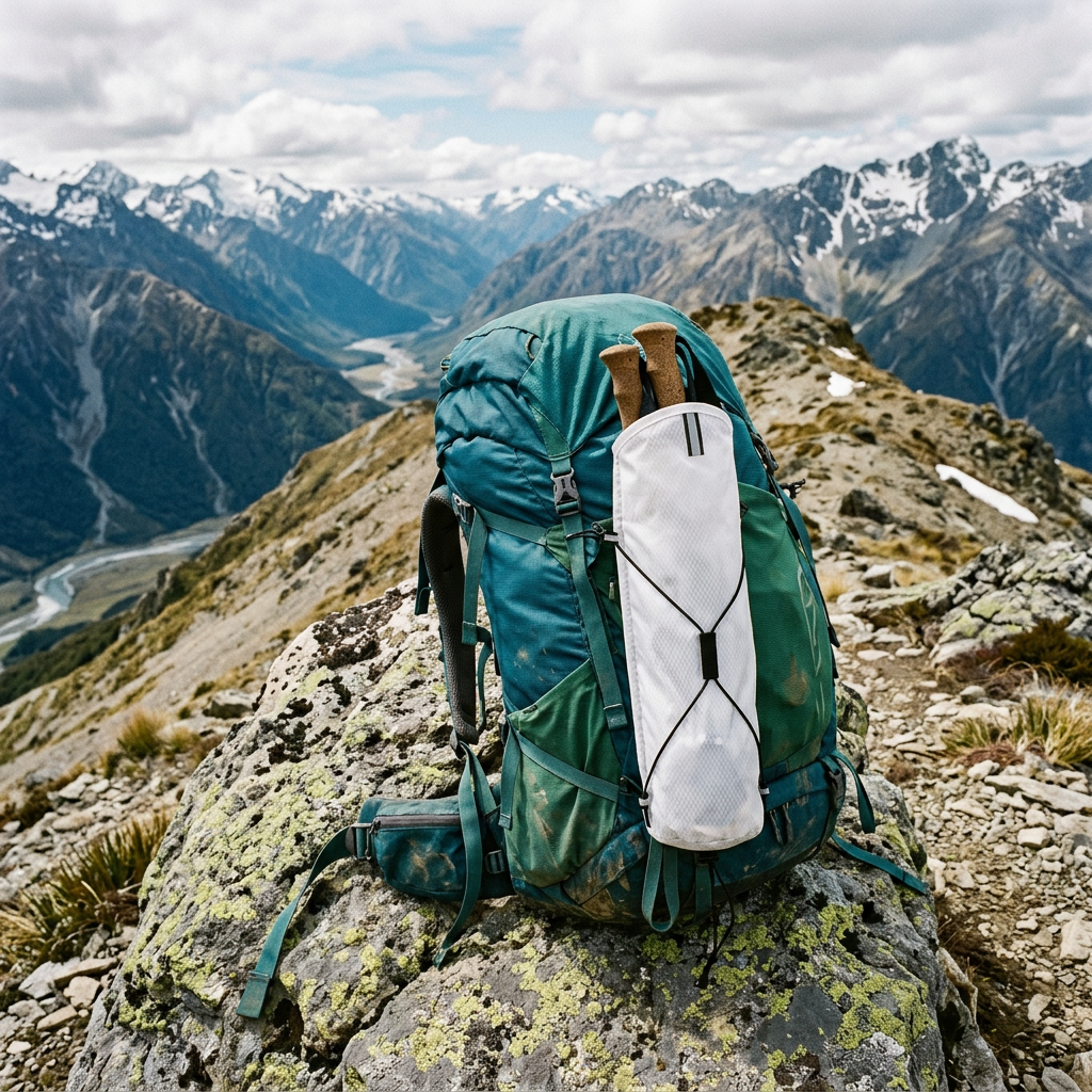 Trekking pole bag strapped to a pack on an alpine ridge