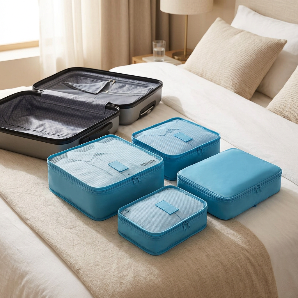 Blue packing cube set on a hotel bed beside a suitcase