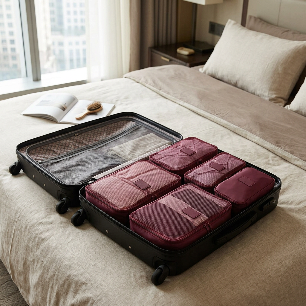 Wine red packing cube set on a hotel bed beside a suitcase