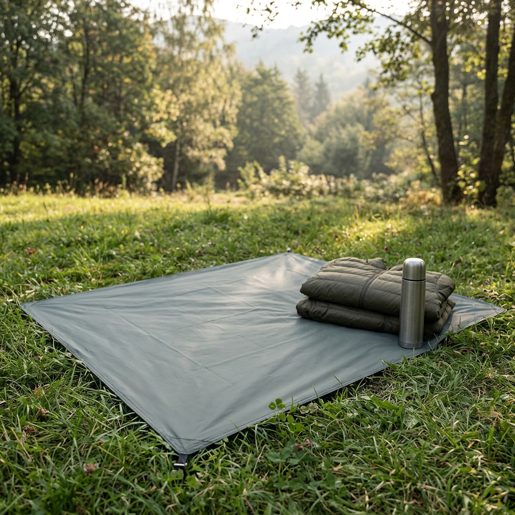 Grey waterproof camping mat spread on grass at a campsite