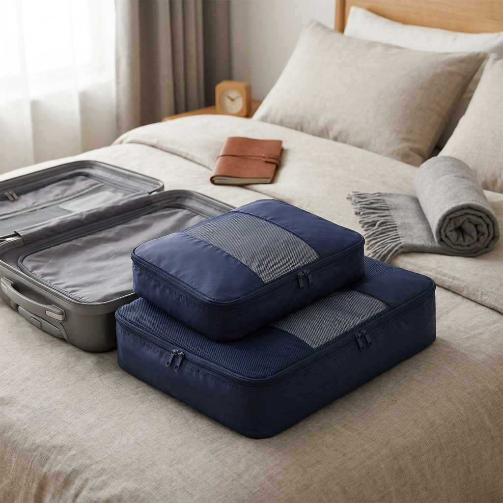 Navy blue packing cube set on a hotel bed beside a suitcase