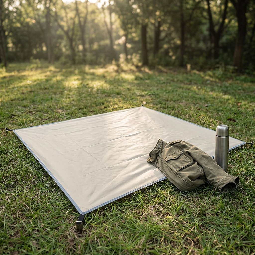 Beige waterproof camping mat spread on grass at a campsite