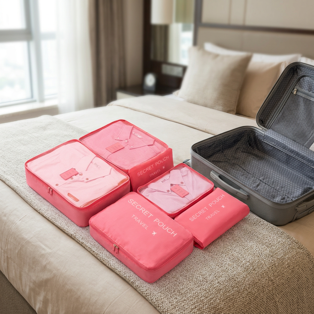 Pink packing cube set on a hotel bed beside a suitcase