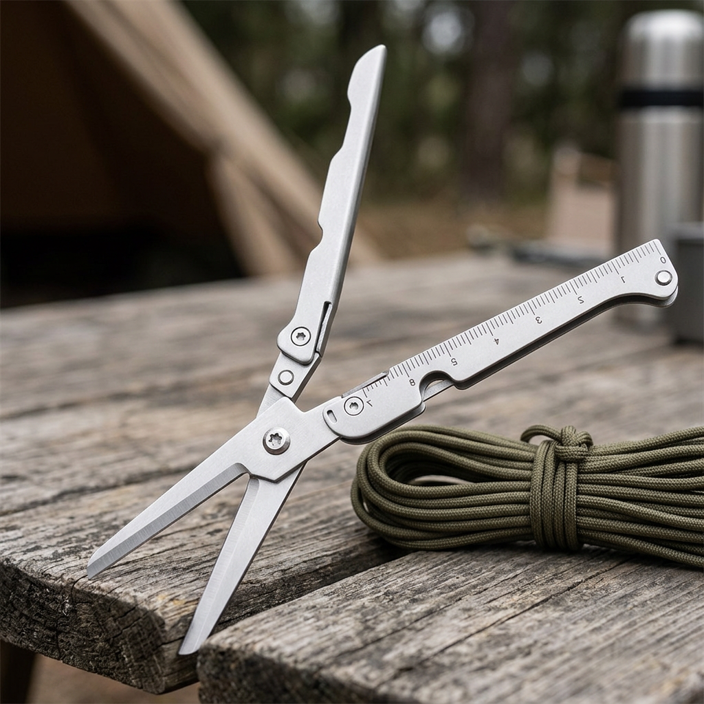 Silver folding outdoor scissors on a wooden camp table