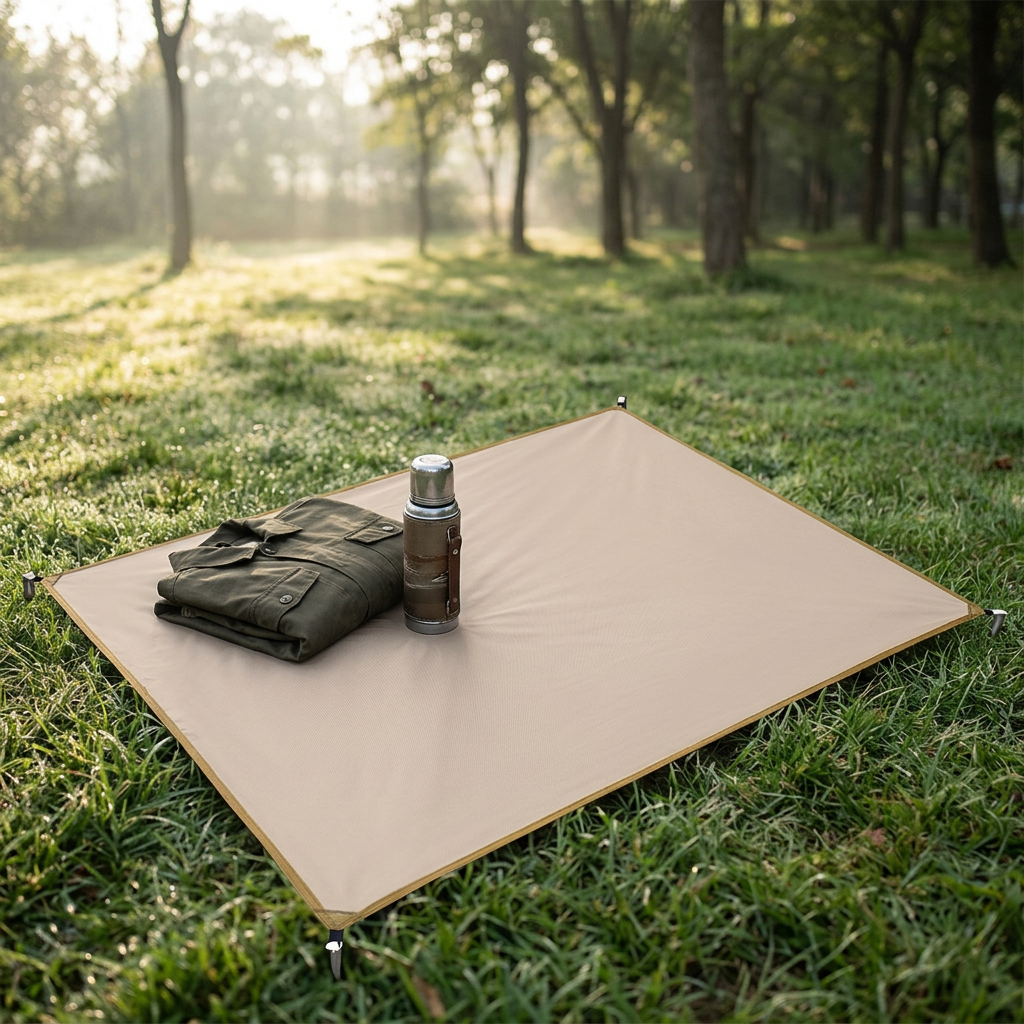 Light khaki waterproof camping mat spread on grass at a campsite