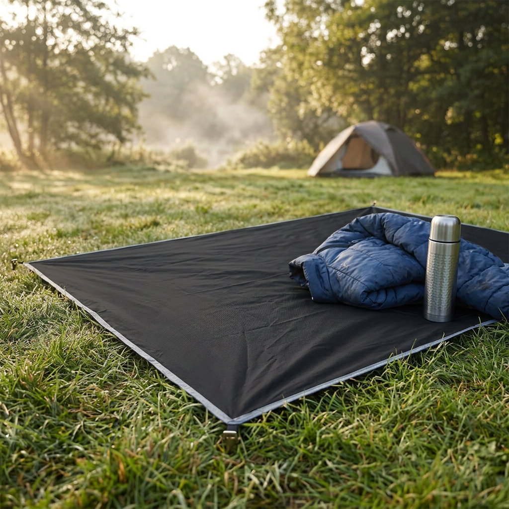 Black waterproof camping mat spread on grass at a campsite