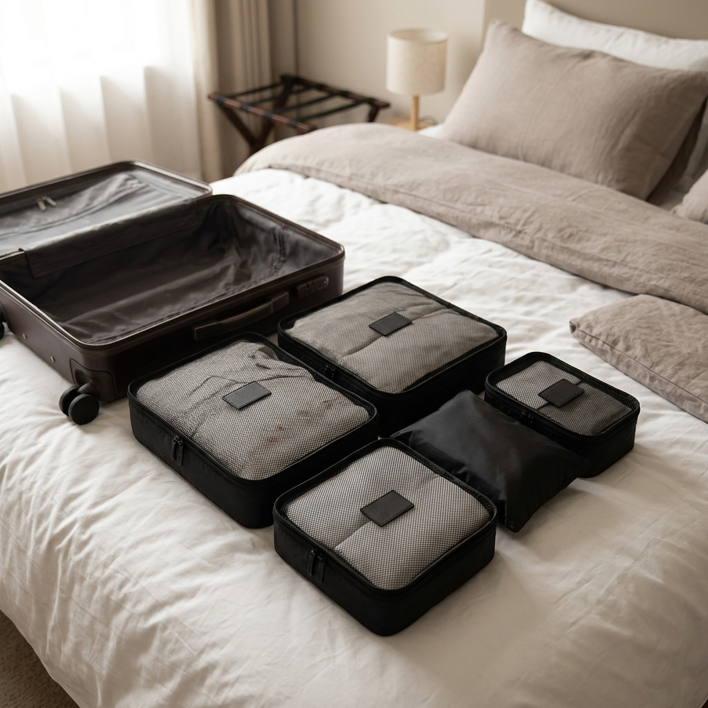 Black packing cube set on a hotel bed beside a suitcase