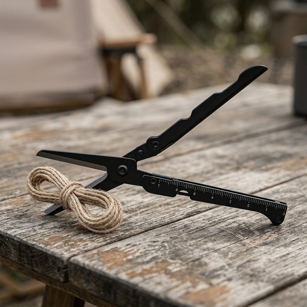 Black folding outdoor scissors on a wooden camp table
