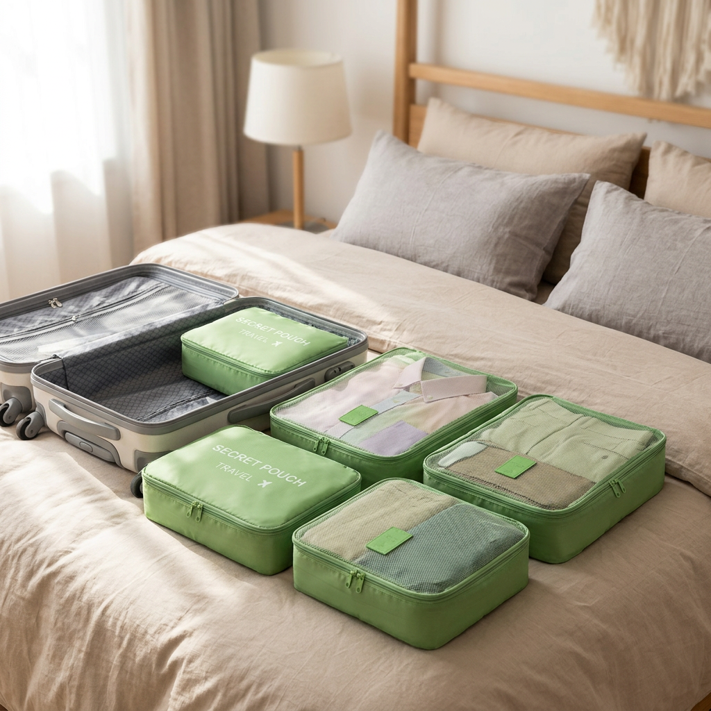 Green packing cube set on a hotel bed beside a suitcase
