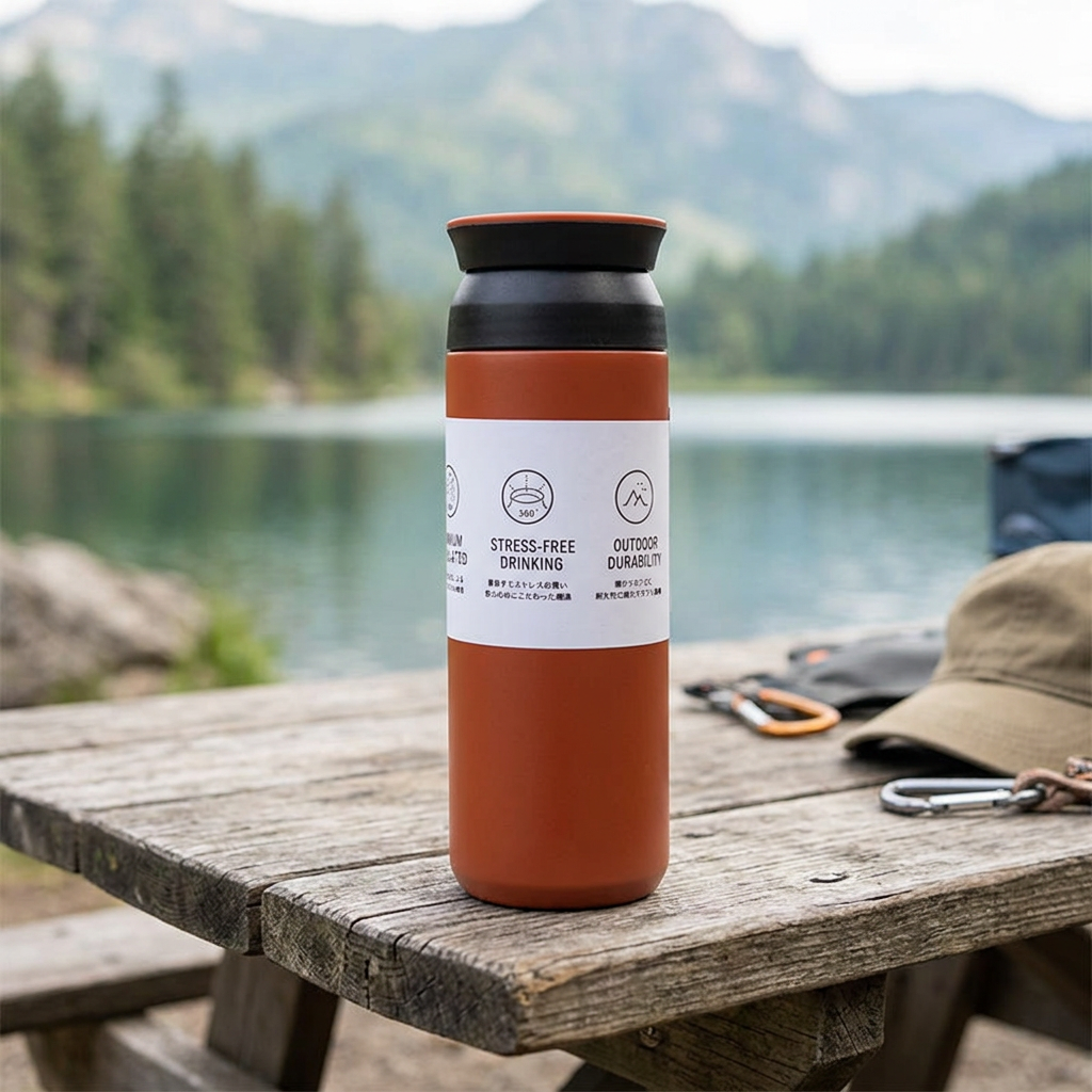 Red insulated thermos bottle on a lakeside picnic table