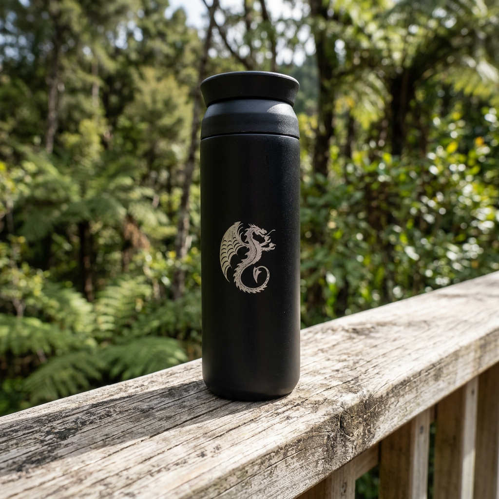 Dragon print insulated thermos bottle on a wooden deck rail