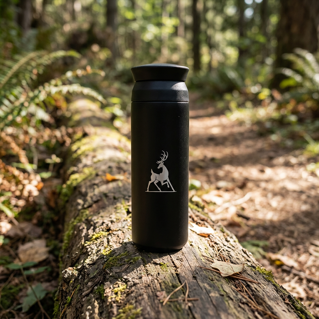 Deer print insulated thermos bottle on a forest trail log