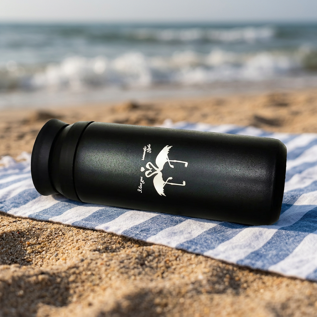 Flamingo print insulated thermos bottle on a beach towel