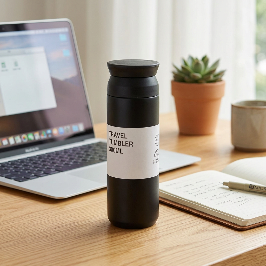 Black insulated thermos bottle on a desk beside a laptop
