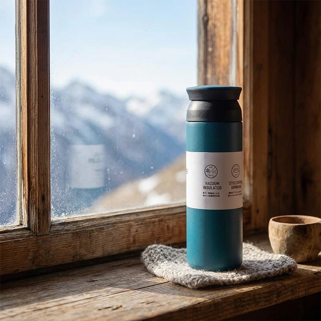 Blue insulated thermos bottle on an alpine hut window ledge