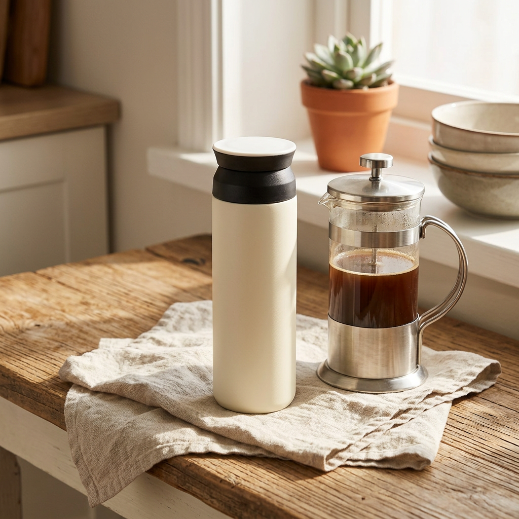 White insulated thermos bottle on a sunlit kitchen bench