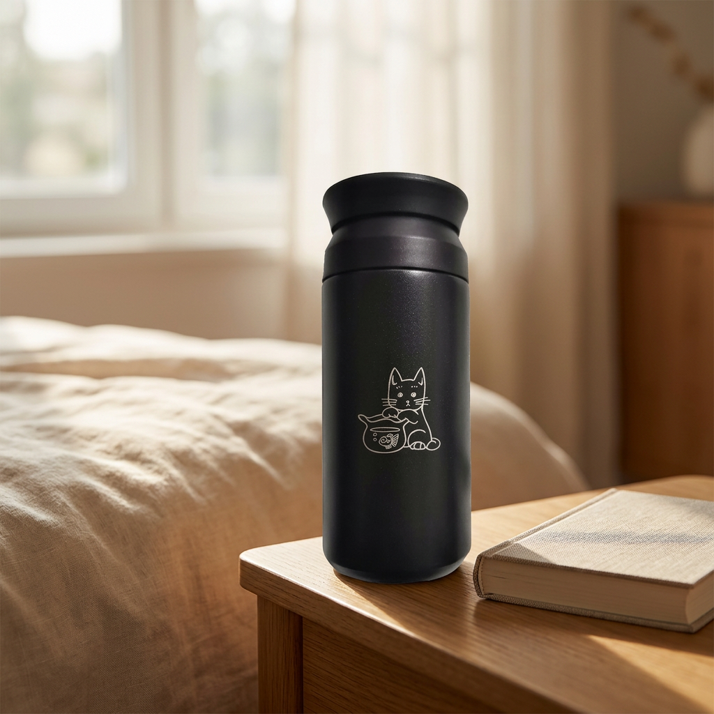Cat print insulated thermos bottle on a bedside table