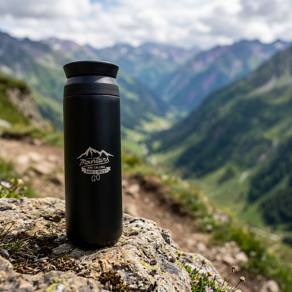 Mountain print insulated thermos bottle on a hiking trail rock ledge