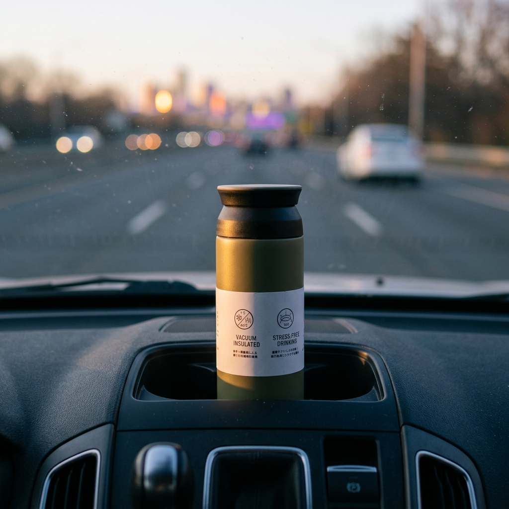 Grey insulated thermos bottle in a car cupholder
