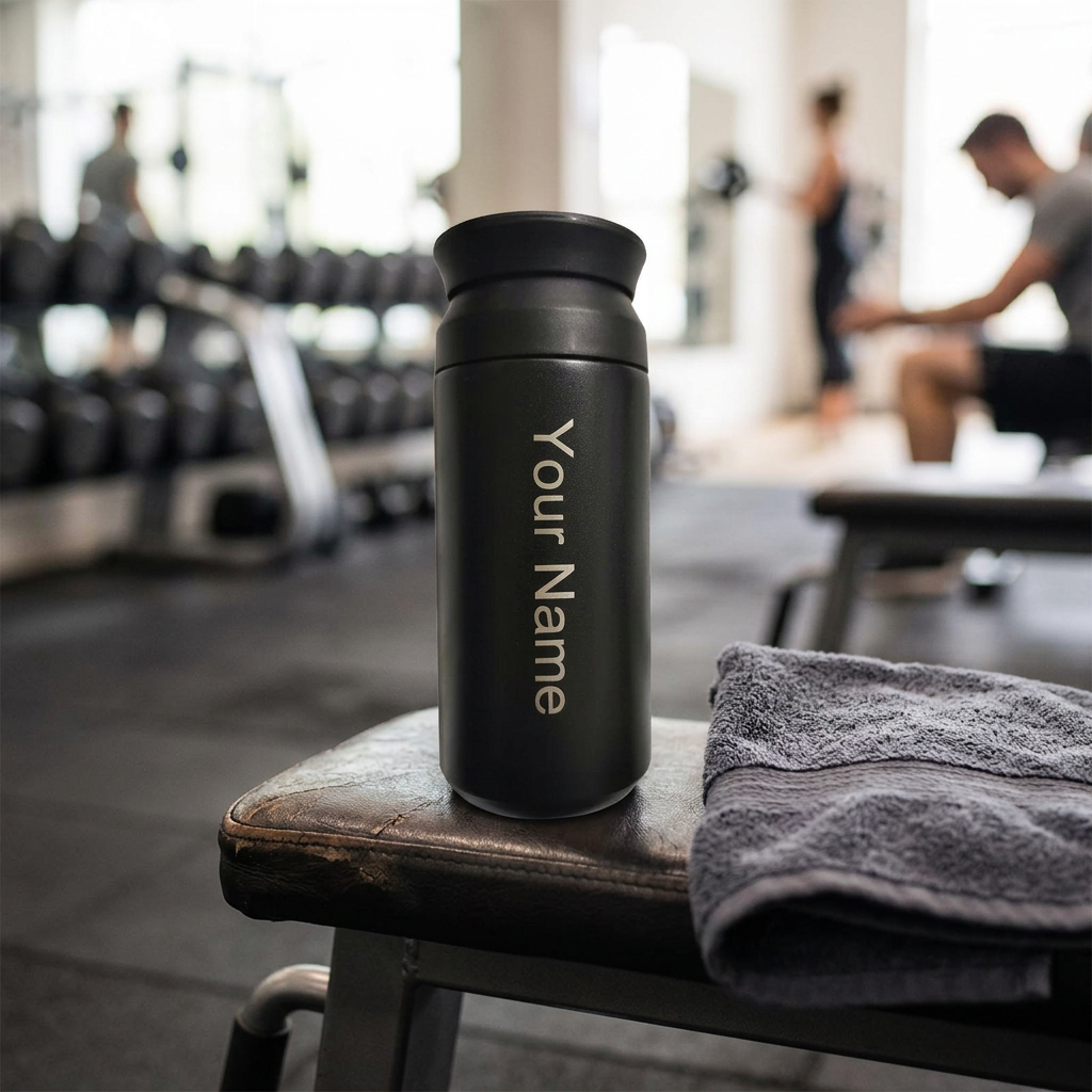 Logo print insulated thermos bottle on a gym bench