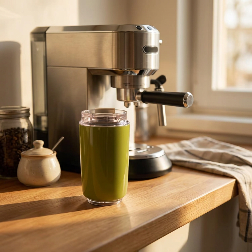 Insulated travel cup on a kitchen bench beside a coffee machine