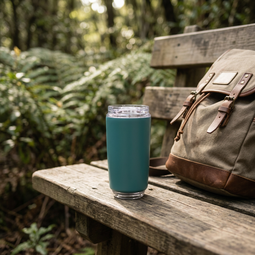 Insulated travel cup on a trail bench beside a daypack