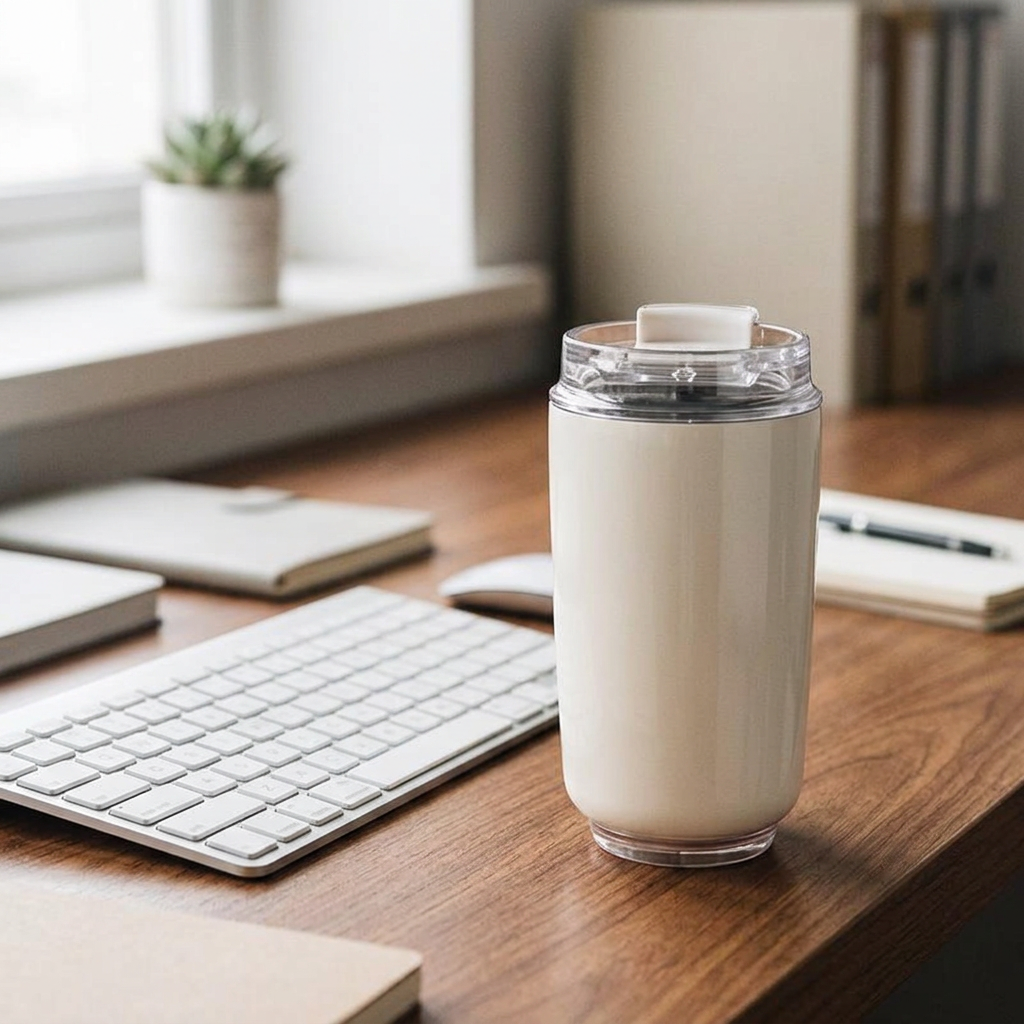 Insulated travel cup on an office desk