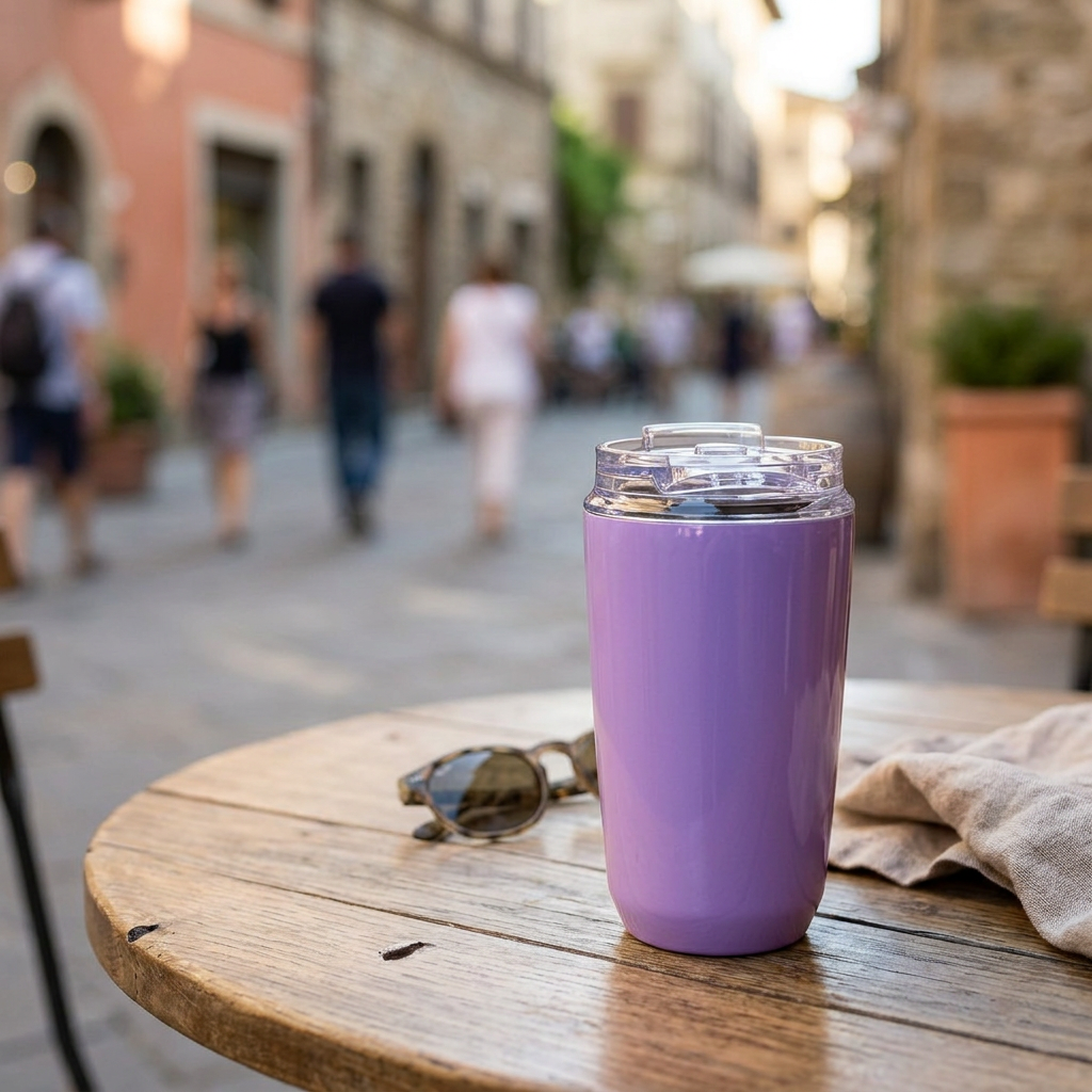 Insulated travel cup on an outdoor cafe table