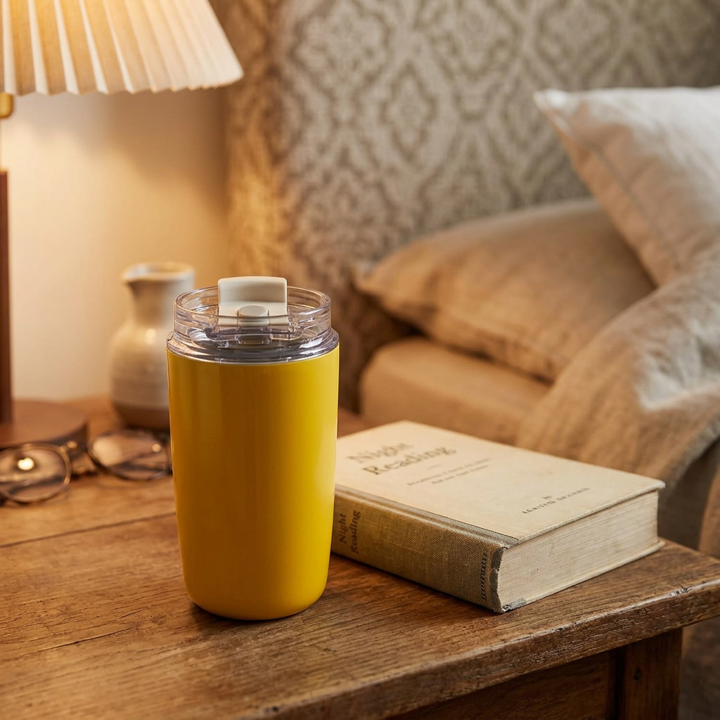 Insulated travel cup on a bedside table