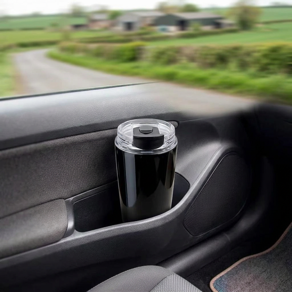 Insulated travel cup in a car door pocket