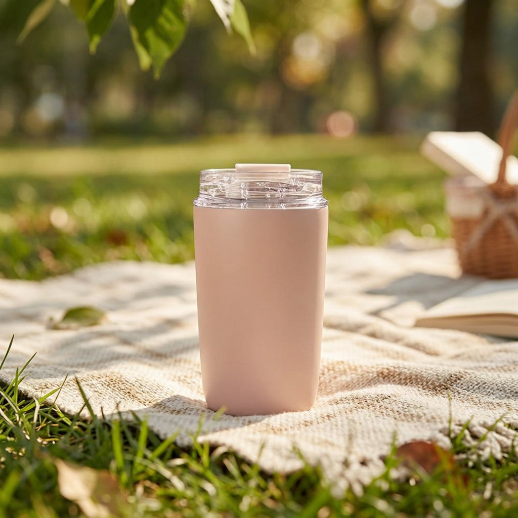 Insulated travel cup on a picnic blanket in a park
