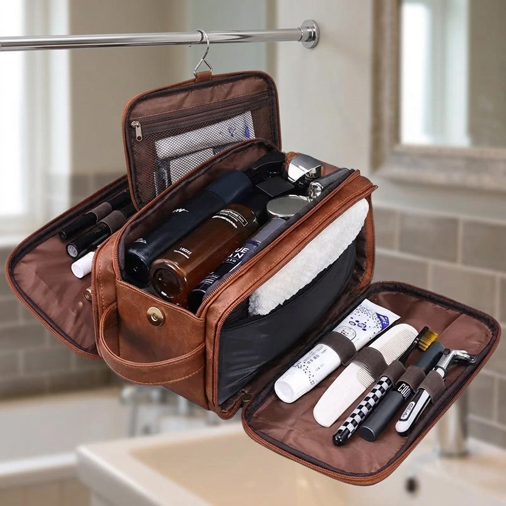 Brown hanging toiletry bag on a rail above a bathroom basin