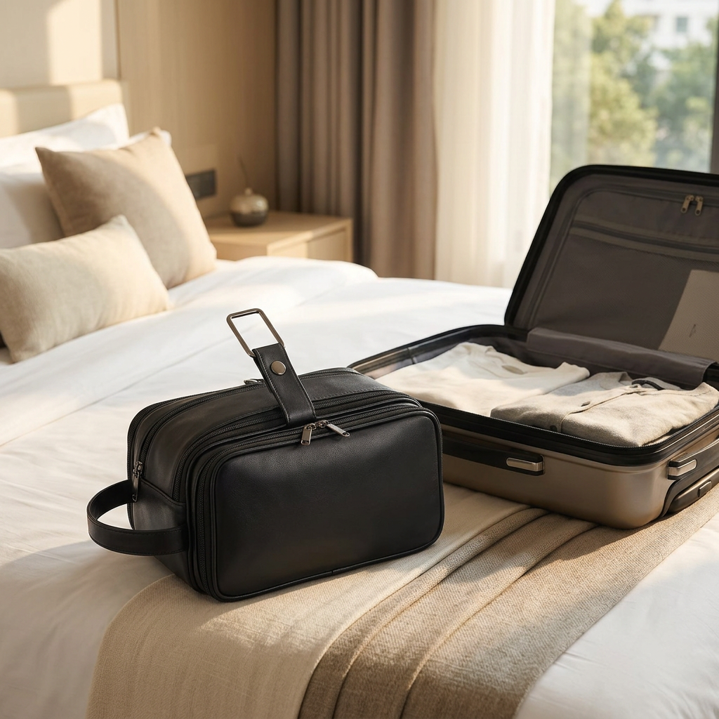Black toiletry bag on a hotel bed beside an open suitcase