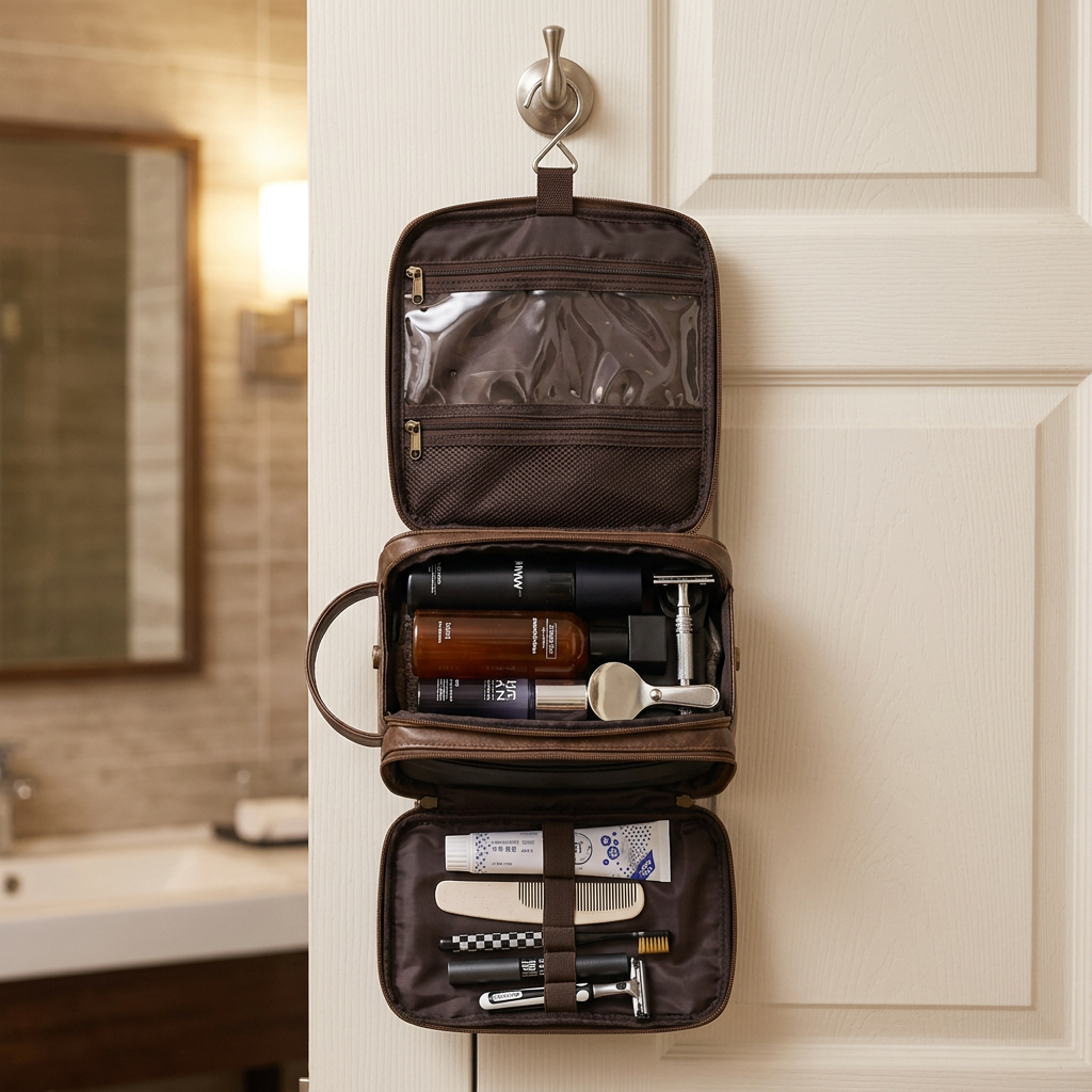 Coffee hanging toiletry bag open on a bathroom door hook