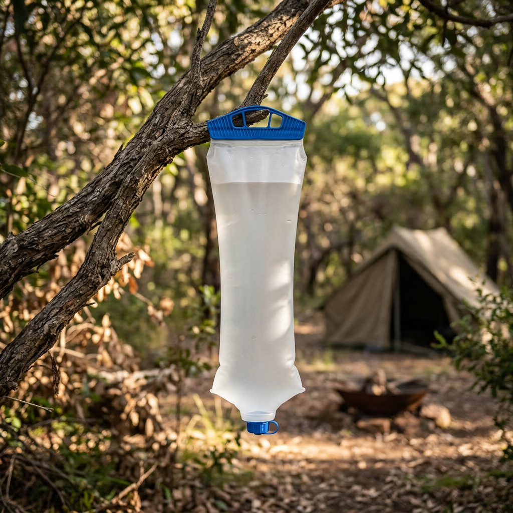 White collapsible water collection bag hanging at a bush campsite